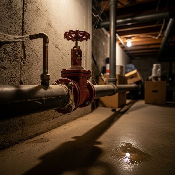 a red main water shut-off valve in a basement