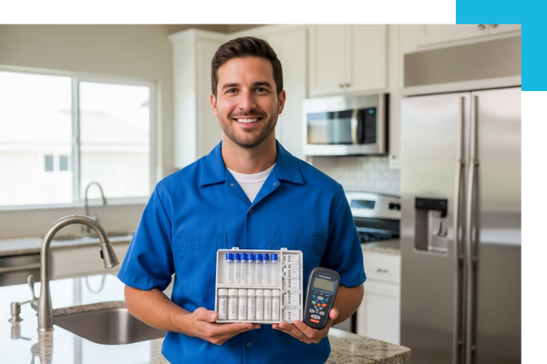 a friendly, professional plumber holding a water testing kit in a residential kitchen