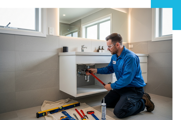 a focused and skilled plumber carefully installs a new bathroom sink
