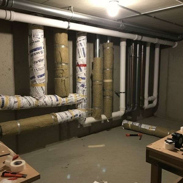 exposed pipes in a basement being insulated with foam pipe insulation