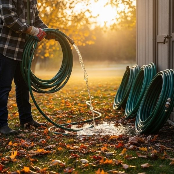 a person in a flannel shirt and work gloves draining a garden hose in the fall