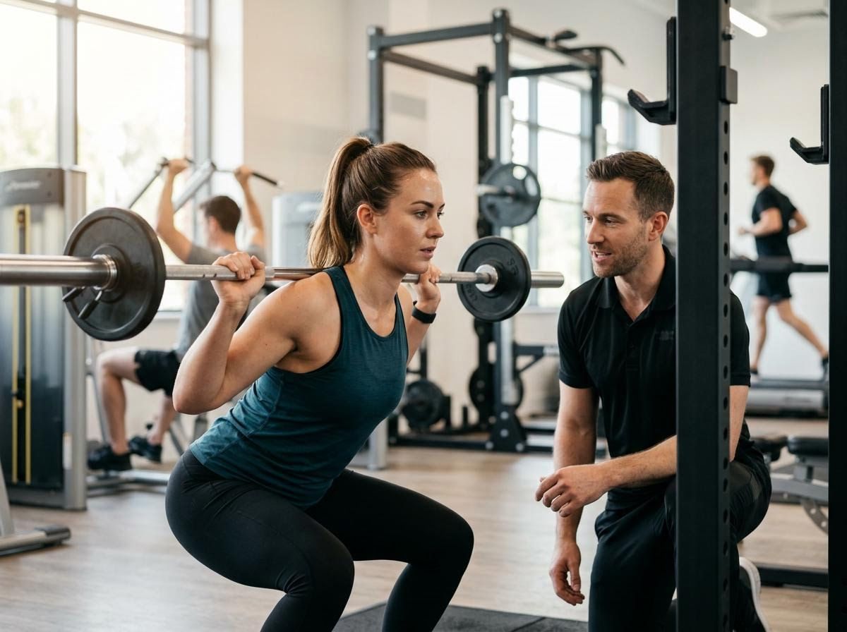 Woman doing barbell squats with personal trainer in gym