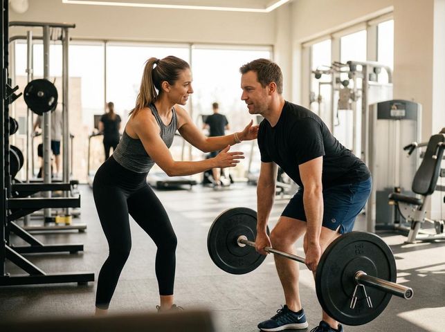 A smiling female personal trainer helps a man with his deadlift form, placing a hand on his shoulder as he lifts a barbell in a bright gym. Personal Trainer Guides Man Lifting Barbell in Modern Gym