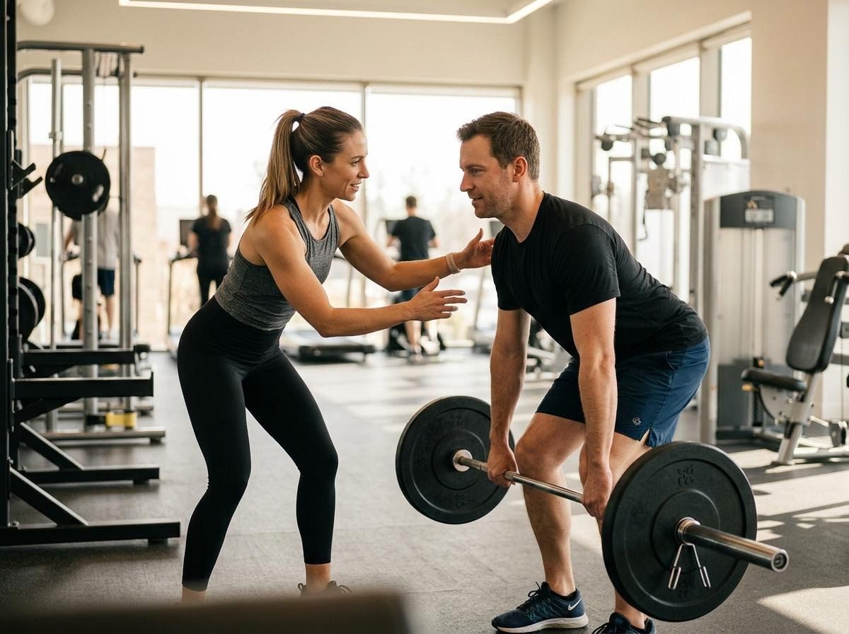 Personal Trainer Guides Man Lifting Barbell in Modern Gym