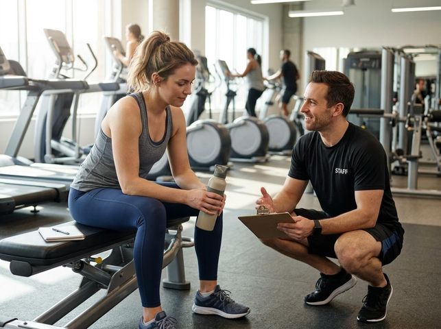 Personal Trainer Consulting with Female Client in Gym
