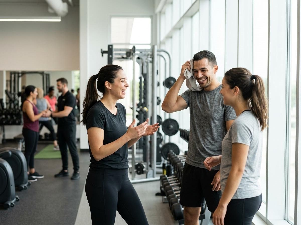 Friends Chatting and Laughing in a Gym