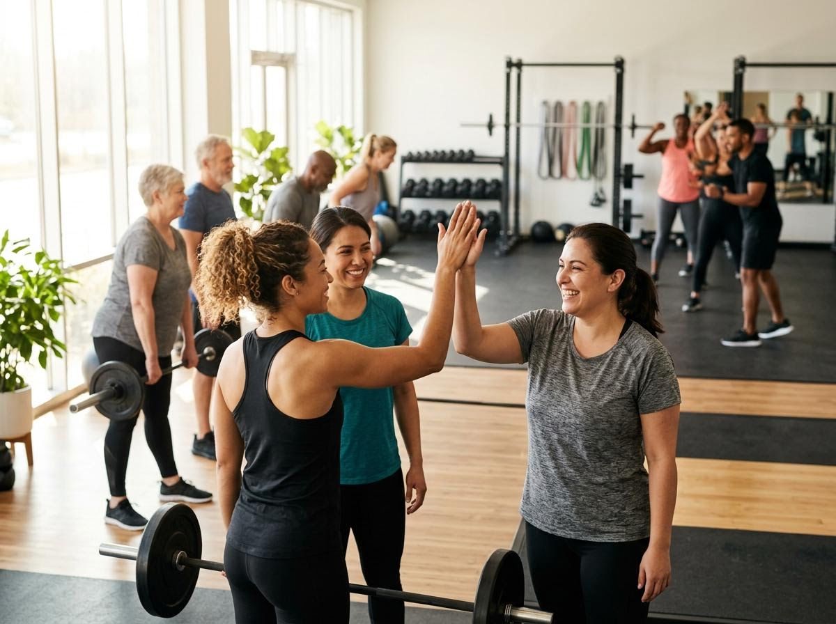 Diverse Group Exercising and High-Fiving in a Gym