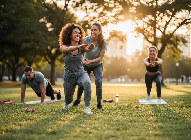 Four people, including women doing lunges and a man doing push-ups, enjoy a group fitness workout in a sunny park. Group Outdoor Fitness Session in a Park