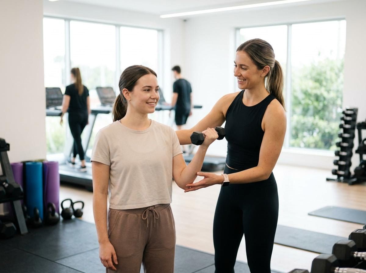 Personal Trainer Assisting Client with Dumbbells in a Gym