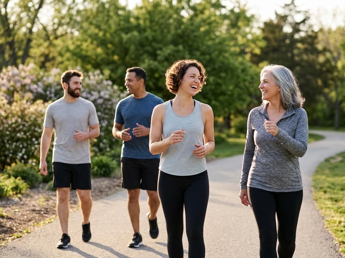 Diverse Group of Friends Walking and Talking in a Park