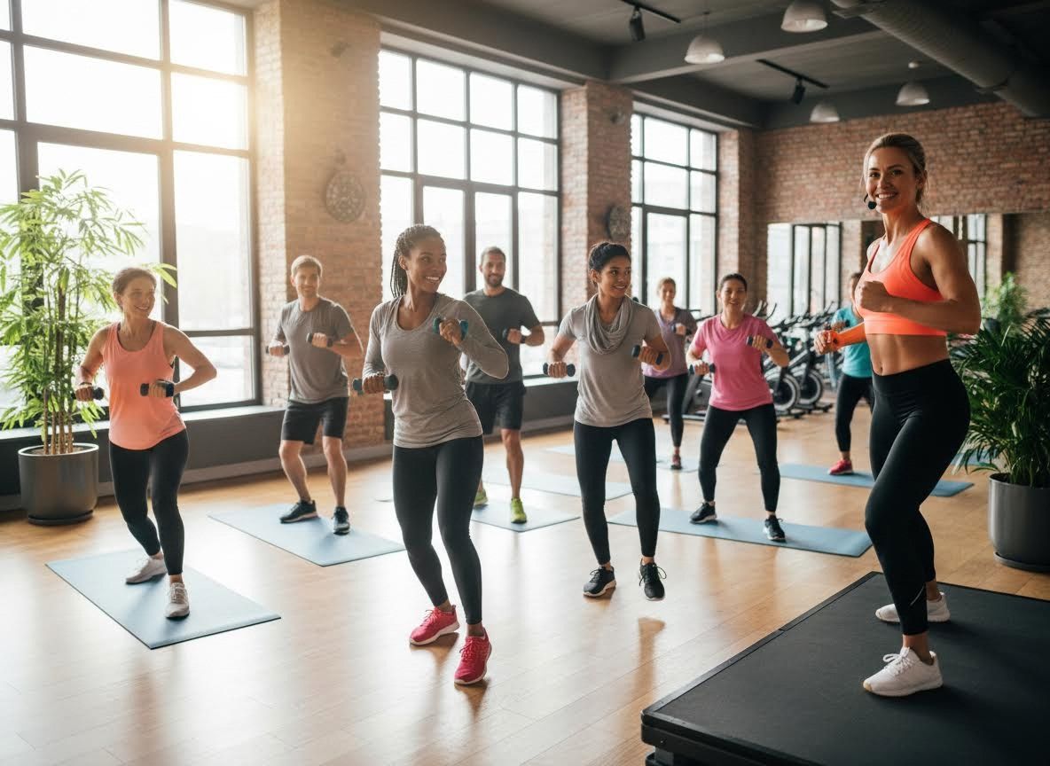 Diverse group exercising with dumbbells in a modern gym