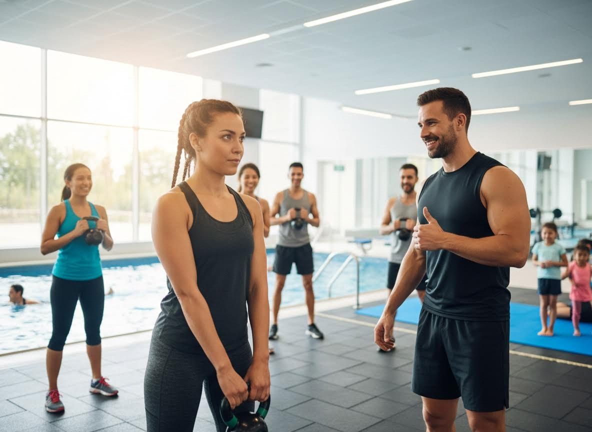 Group fitness class with trainer