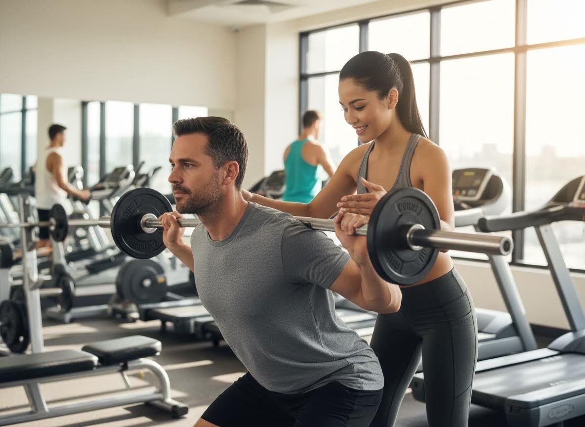 Personal Trainer Assisting Man with Barbell Squats