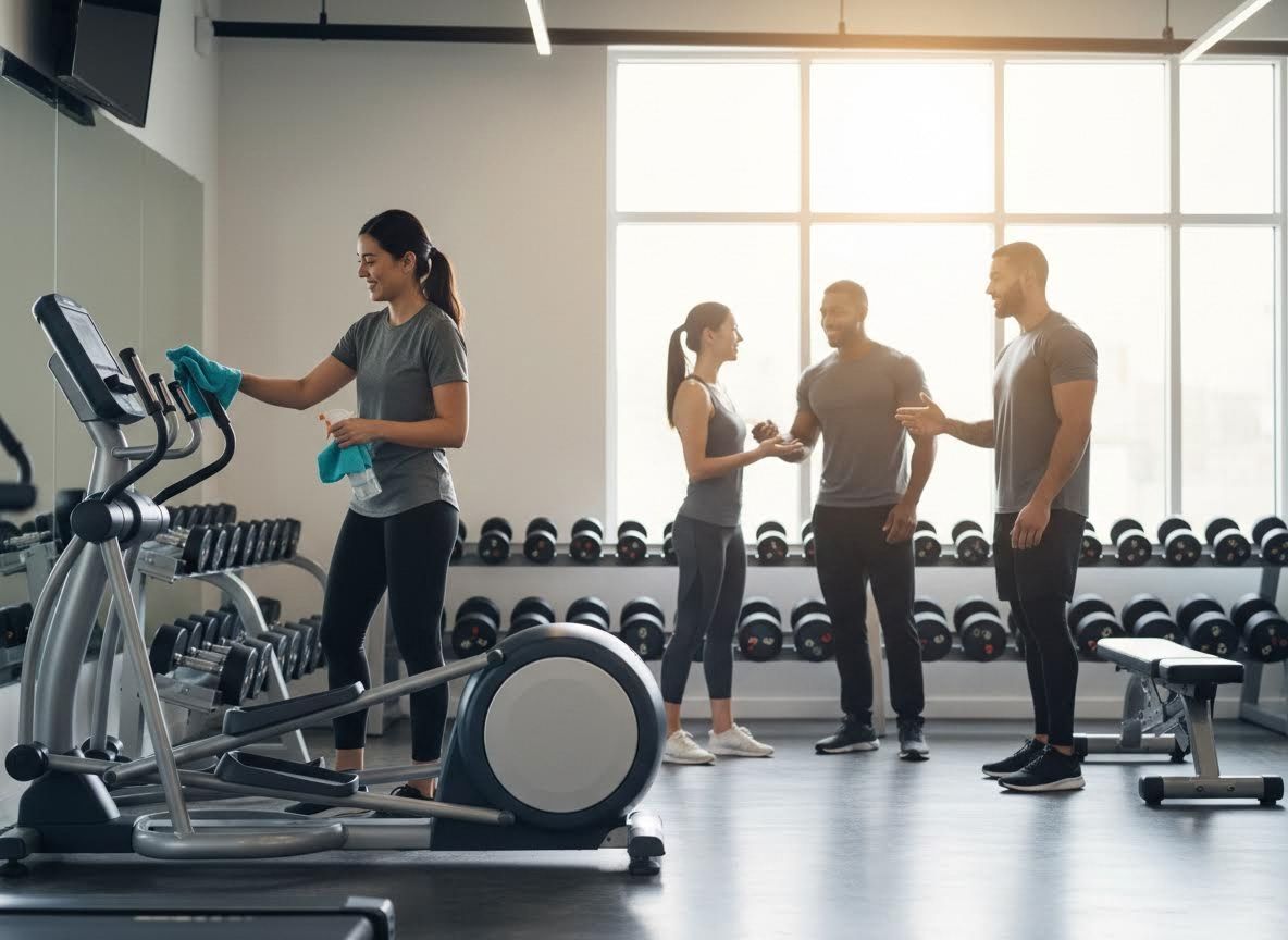 People cleaning equipment and socializing in a modern gym