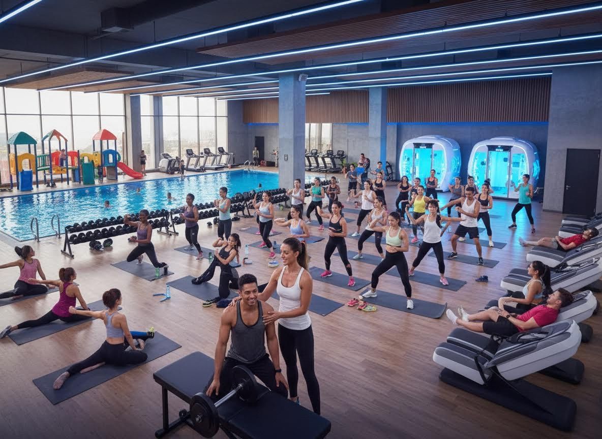 Indoor Modern Gym with Group Fitness Class and Pool