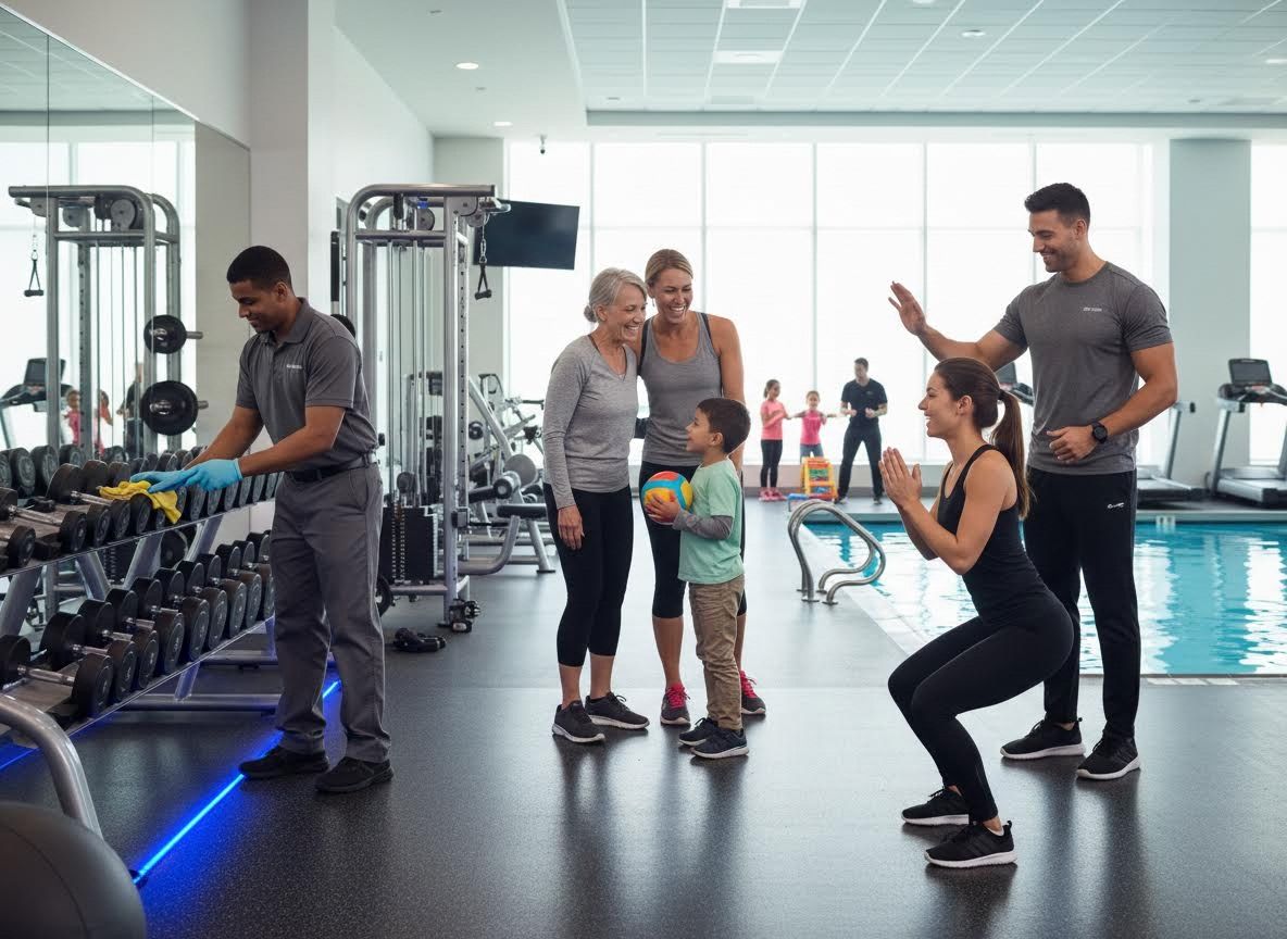 Diverse people and families exercising in a modern fitness center with a pool