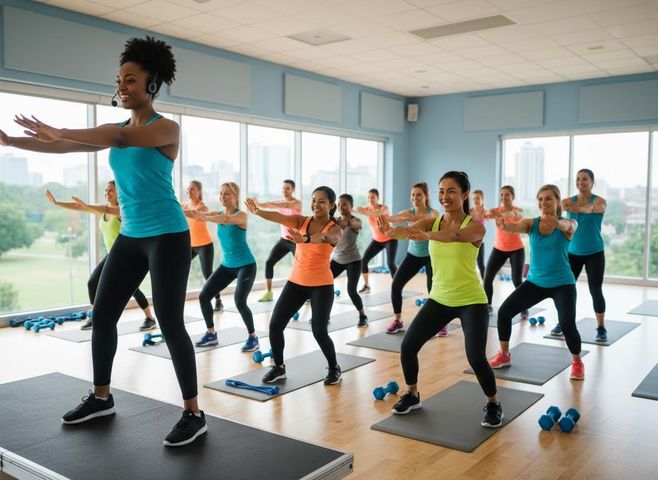 A group of diverse women smiling and exercising together in a bright studio. An instructor leads them in an aerobics class. Women's Group Fitness Class
