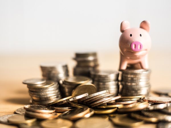 Image of a piggy bank on piles of coins