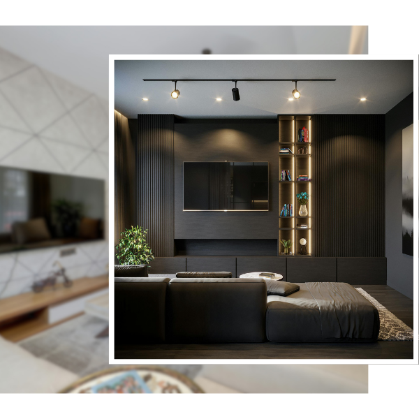 tv mounted in dark colored modern room