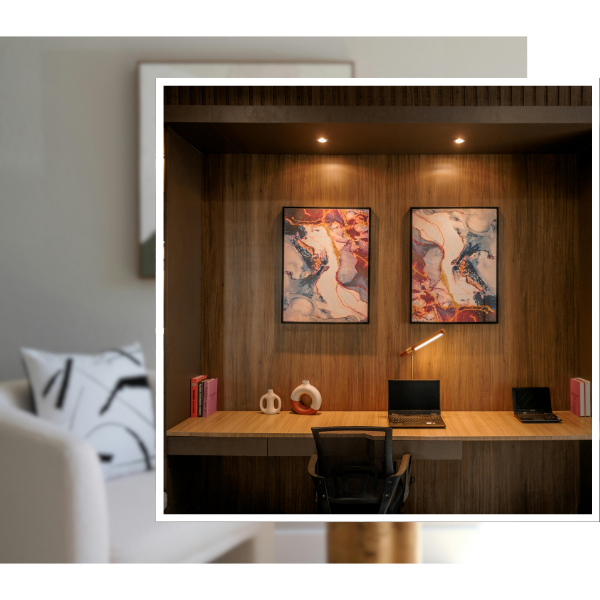 two pieces of professional art installed above an office space