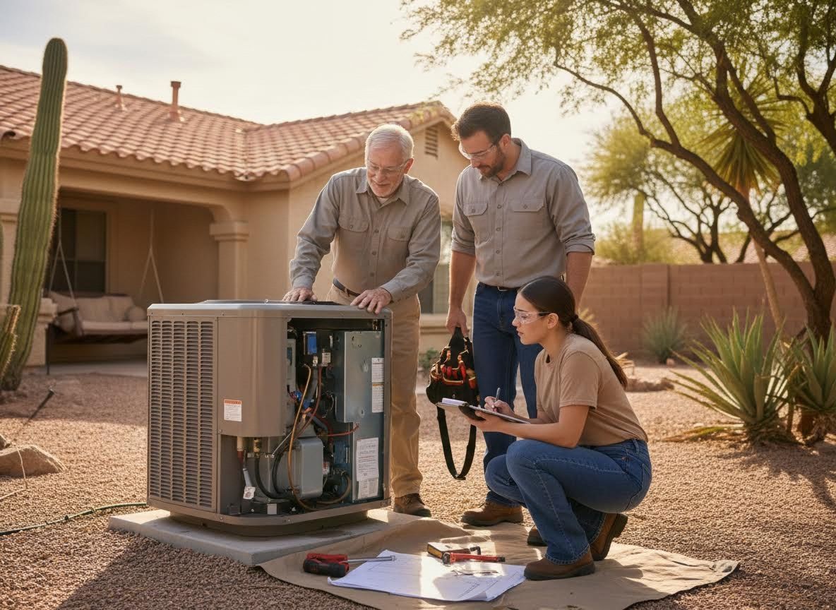 HVAC Technicians Inspecting Outdoor Air Conditioner