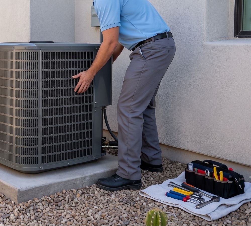 Two technicians in plain work shirts install a new, unbranded AC condenser unit in a Scottsdale residential yard.