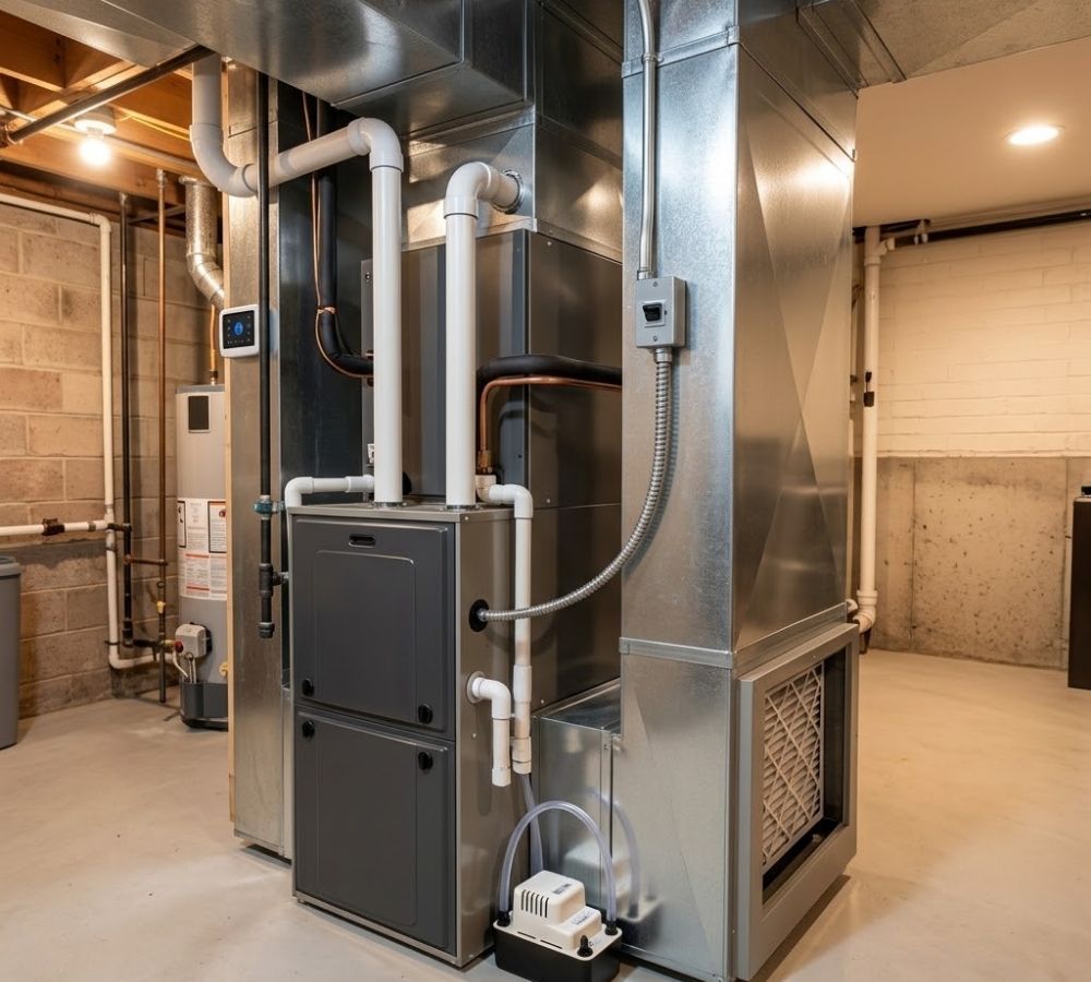 Brand-new high-efficiency home furnace and air handling system installed in a residential utility room by a professional HVAC company. Brand-new high-efficiency home furnace and air handling system installed in a residential utility room by a professional HVAC company.