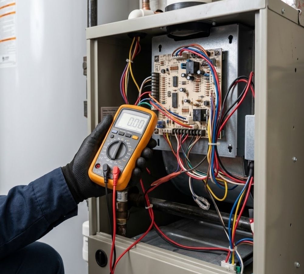 A close-up stock photo focusing on an HVAC technician’s hand using diagnostic tools to inspect a furnace's complex electronic ignition system.
