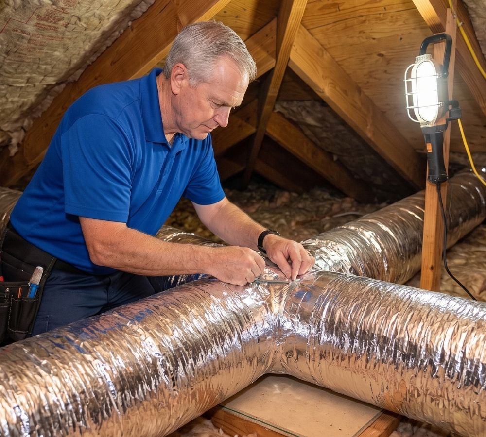 A specialized HVAC technician in a plain uniform repairing flexible ductwork in a Cave Creek home attic.