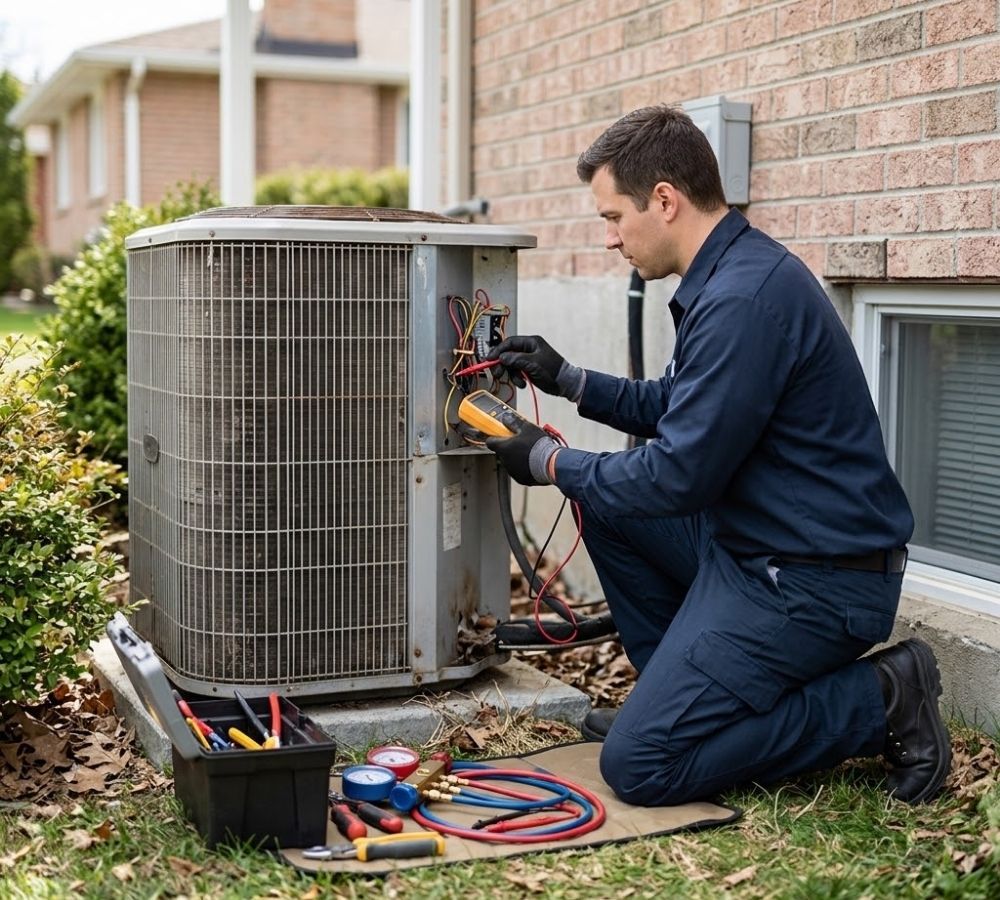 Certified technician performing diagnostic testing on an outdoor AC compressor and electrical control board during an emergency repair call.
