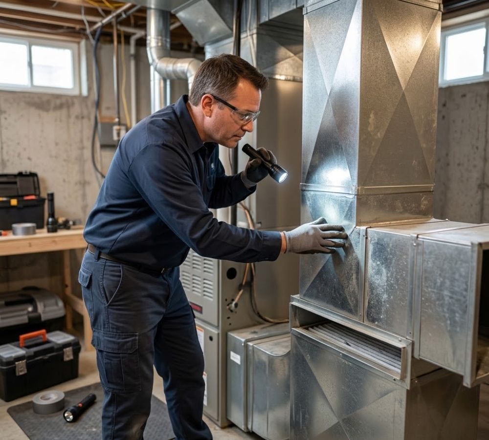 Experienced local HVAC contractor inspecting residential ductwork and air filtration system for optimal indoor air quality. Experienced local HVAC contractor inspecting residential ductwork and air filtration system for optimal indoor air quality.