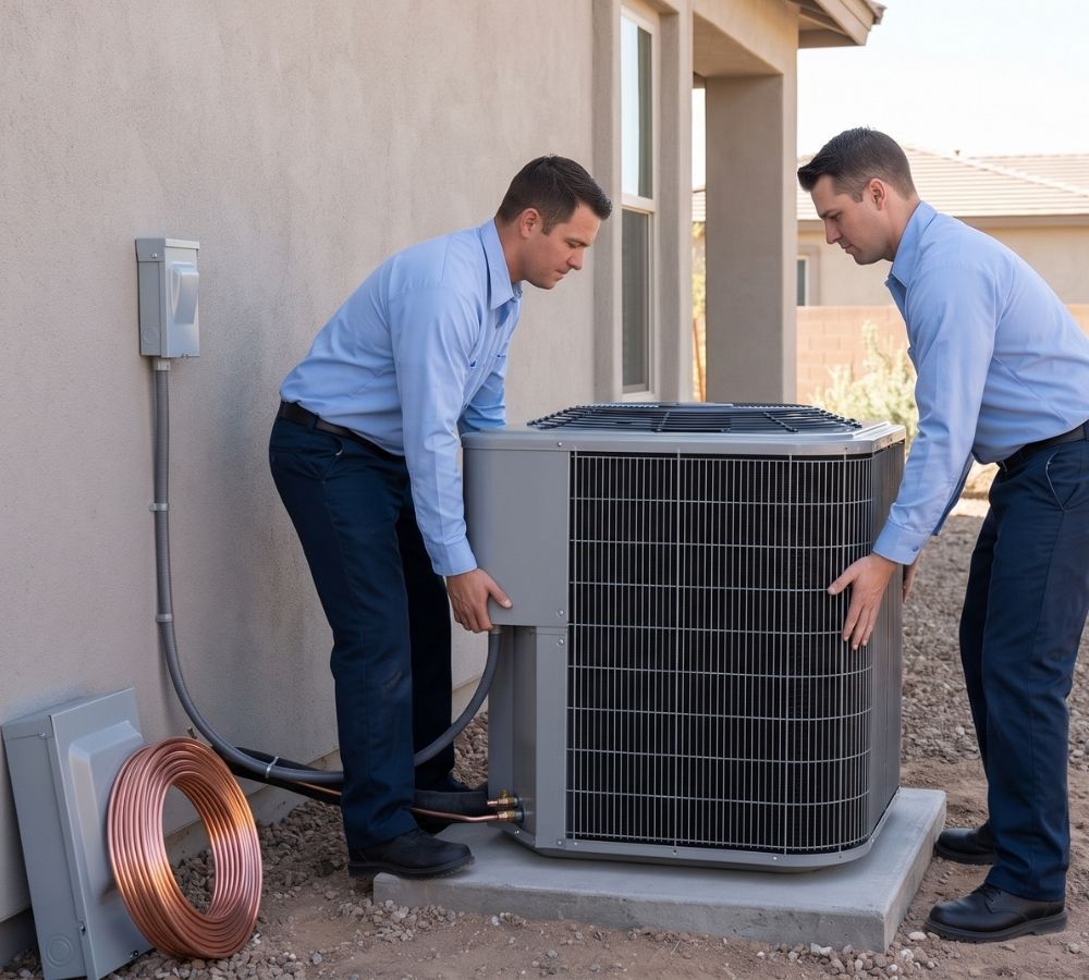 Two technicians in plain work shirts install a brand-new, unmarked residential AC condenser unit at a Carefree home.