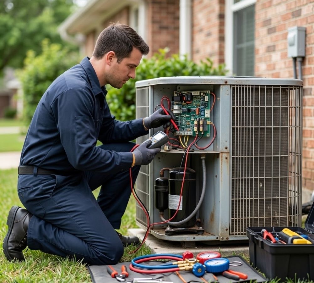 Certified technician servicing and repairing an outdoor air conditioner unit to optimize efficiency during high desert heat.