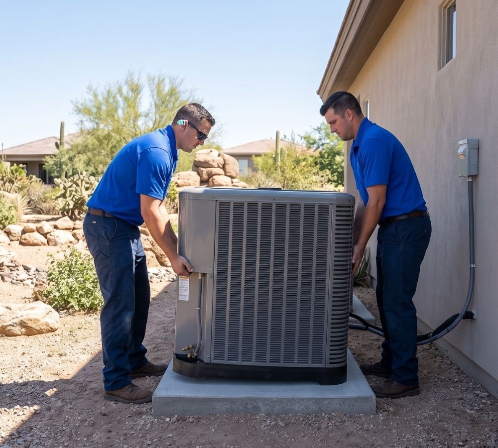 Two technicians in plain uniforms install a new, unbranded residential AC unit in Cave Creek.