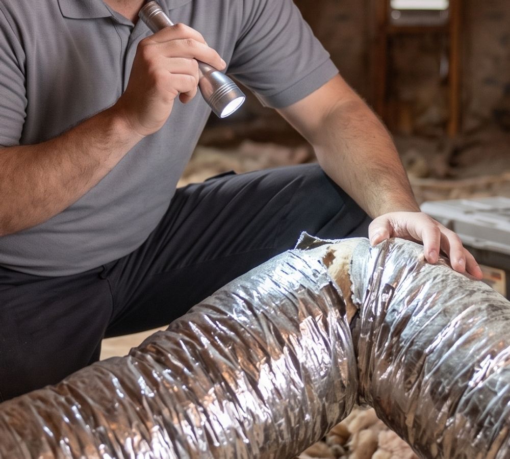 An HVAC technician in a plain grey polo inspecting flexible ductwork in a dusty Scottsdale attic with a headlamp.
