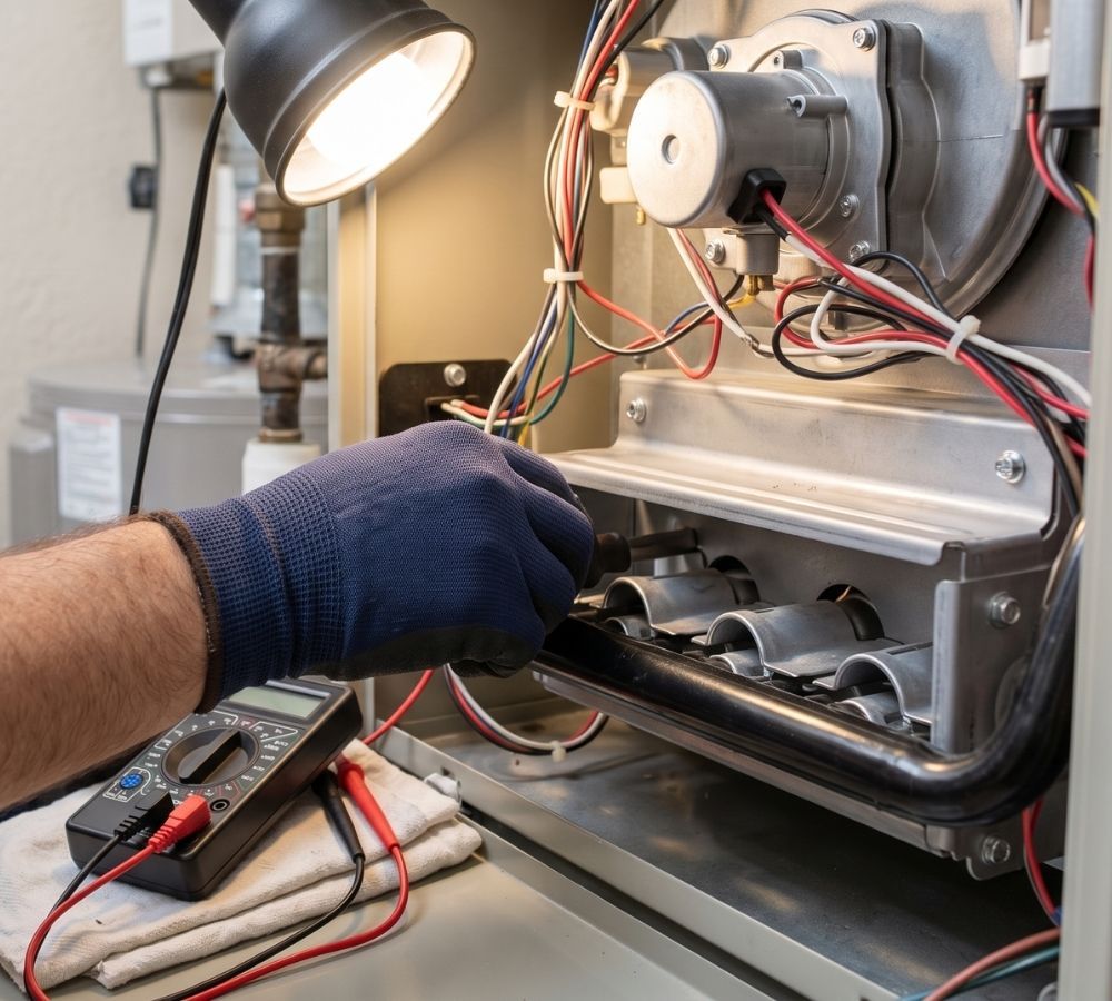 An HVAC technician in a plain glove uses a multimeter to adjust the electrical components of a residential gas furnace in Scottsdale.