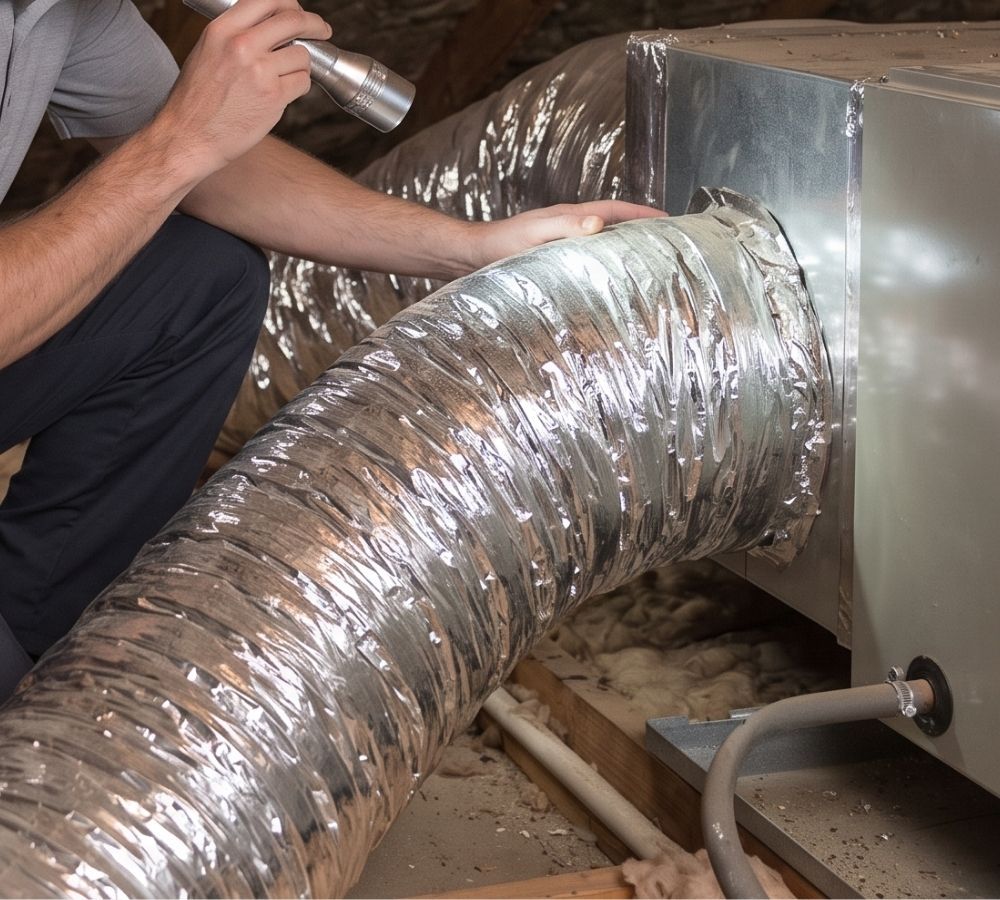 A technician in a plain polo inspecting residential ductwork in a dusty Carefree attic.
