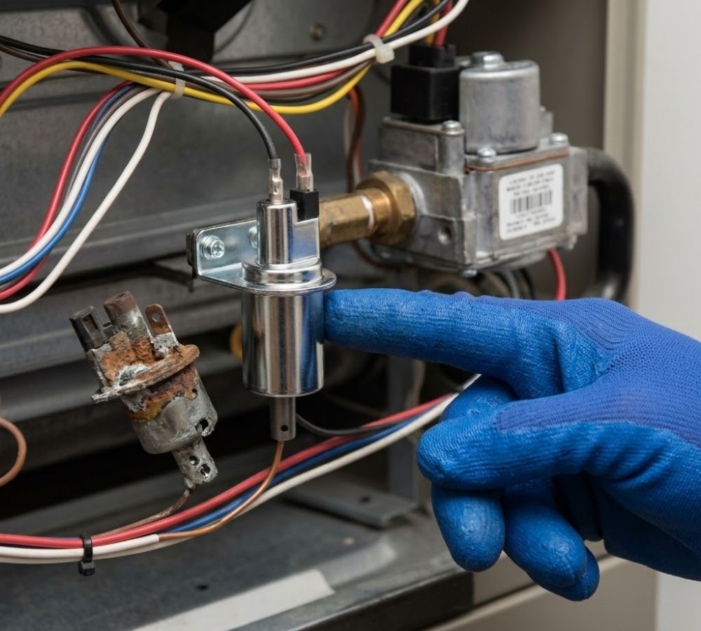 A close-up stock photo of an HVAC technician pointing to a newly replaced electronic ignition component inside a residential furnace.