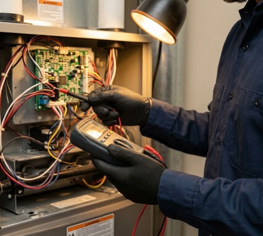 An HVAC technician in a plain uniform diagnosing furnace components in a Cave Creek utility room.