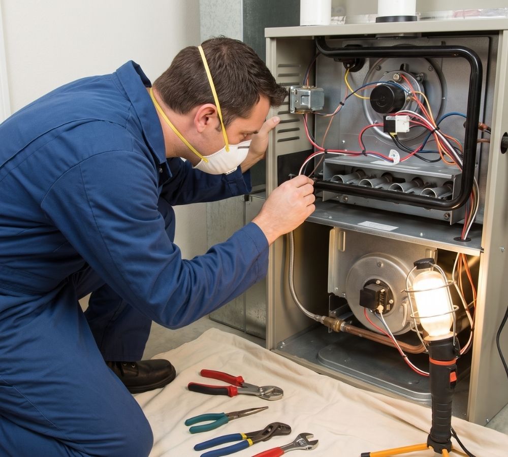 An HVAC technician in generic coveralls carefully inspects a gas furnace during a repair in Carefree.