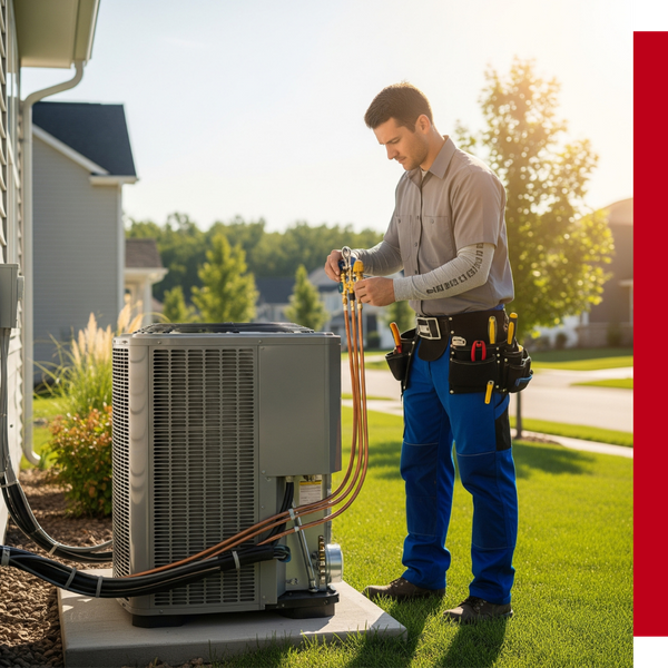 An air conditioning technician working on a new outdoor AC unit