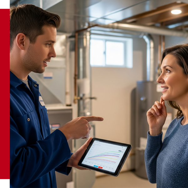 An HVAC technician is pointing to a data screen on a tablet, showing a homeowner data about different AC units. The homeowner is nodding in agreement.