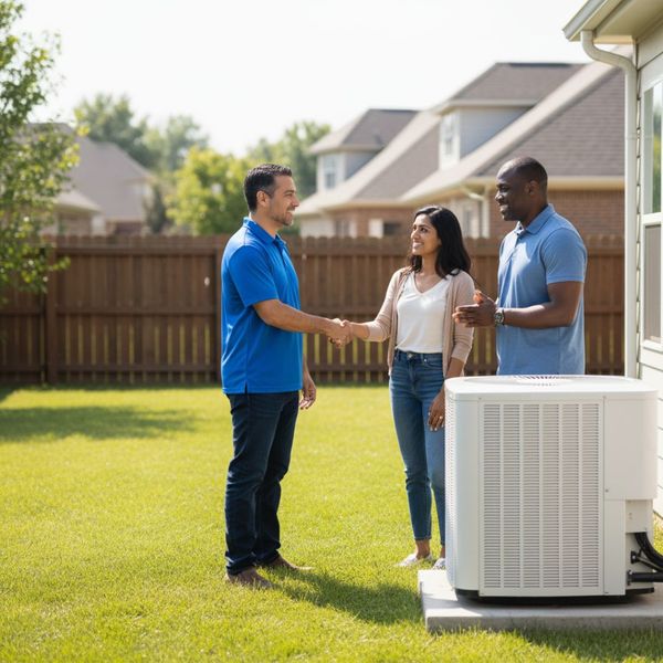 An HVAC technician in a blue polo shirt is shaking hands with a woman and her husband in a suburban backyard. A woman is smiling and standing next to the man while they all stand in front of a new, white outdoor AC unit. An HVAC technician in a blue polo shirt is shaking hands with a woman and her husband in a suburban backyard. A woman is smiling and standing next to the man while they all stand in front of a new, white outdoor AC unit.