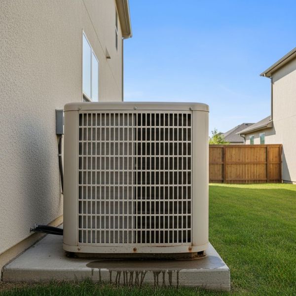 An outdoor air conditioning unit that looks slightly worn and has a visible water leak on the concrete pad beneath it. The unit sits next to a suburban home with a grassy lawn and a wooden fence in the background. An outdoor air conditioning unit that looks slightly worn and has a visible water leak on the concrete pad beneath it. The unit sits next to a suburban home with a grassy lawn and a wooden fence in the background.