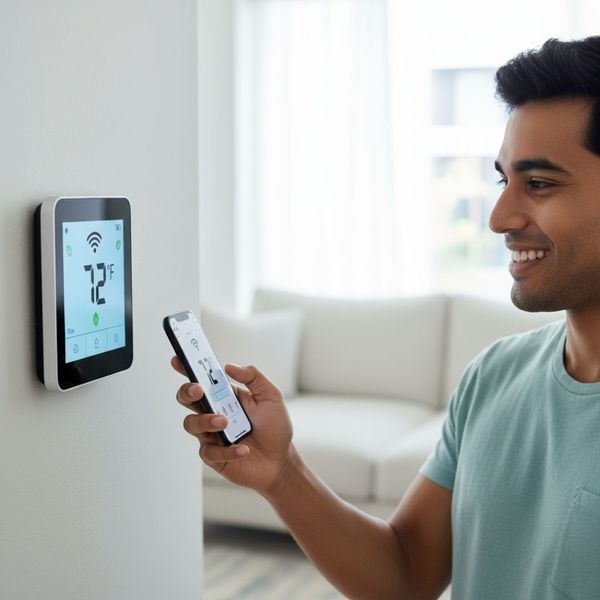A man smiles as he uses his smartphone to adjust the settings on a modern, wall-mounted smart thermostat in a bright, contemporary living room. A man smiles as he uses his smartphone to adjust the settings on a modern, wall-mounted smart thermostat in a bright, contemporary living room.