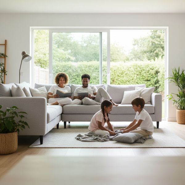 A family is relaxing in a bright, spacious living room. The parents are sitting on a comfortable couch, reading books, while their two children are playing together on the floor. A family is relaxing in a bright, spacious living room. The parents are sitting on a comfortable couch, reading books, while their two children are playing together on the floor.