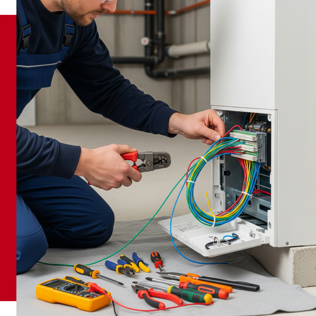 An HVAC technician is carefully connecting wiring to a new indoor AC unit.