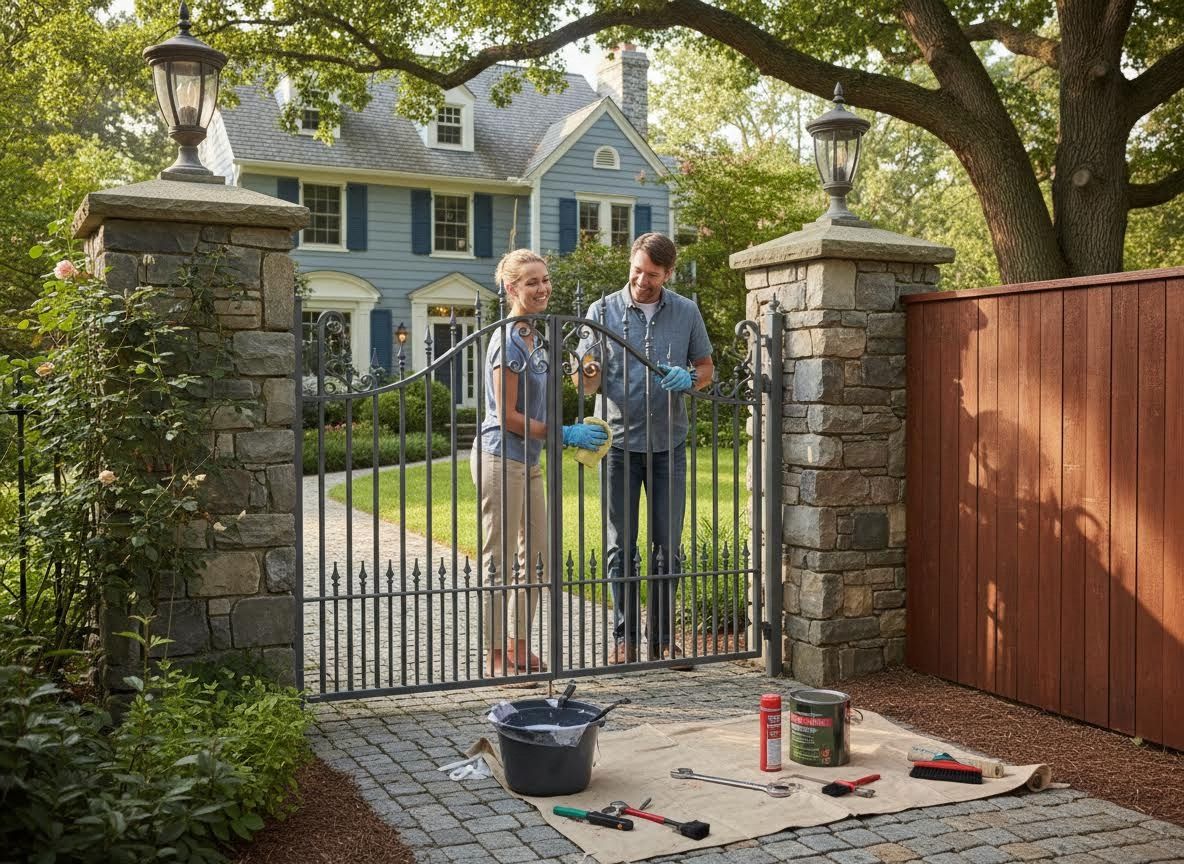 Couple Cleaning Ornate Wrought Iron Gate