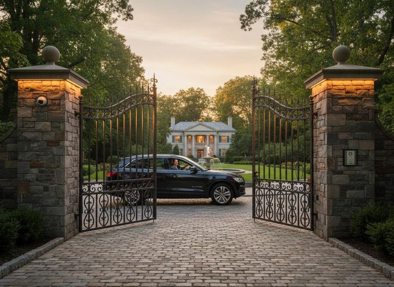 A woman in a black SUV drives through open ornate gates on a cobblestone driveway towards a grand white mansion with a fountain at sunset. Luxury Estate Entrance with Open Gates and SUV at Sunset