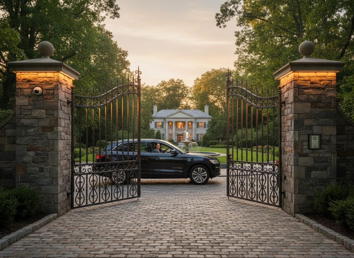 Luxury Estate Entrance with Open Gates and SUV at Sunset
